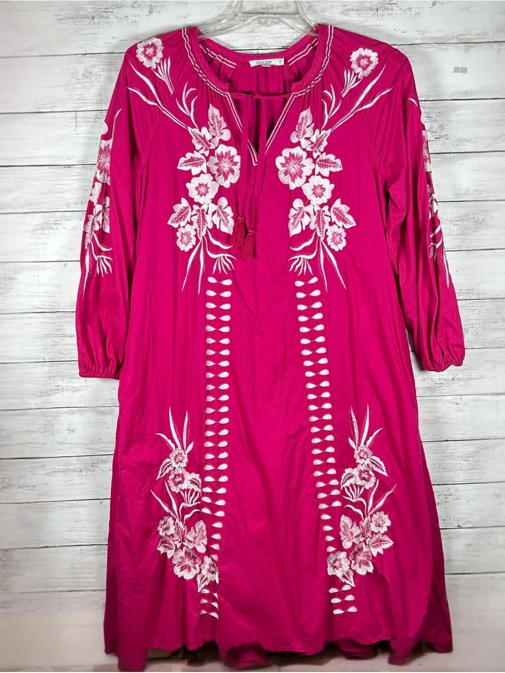 Chico’s Embroidered Raspberry Cotton Kaftan Midi Dress Pockets 6